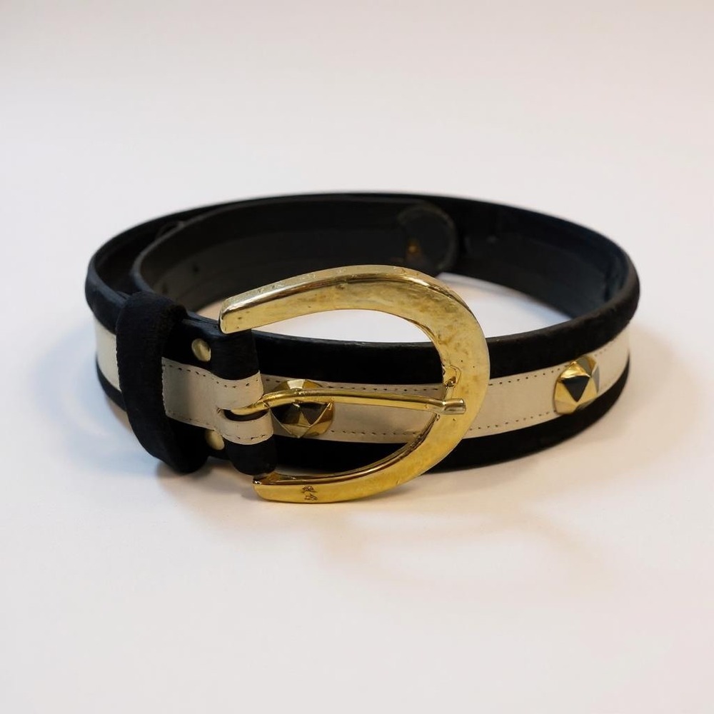 Louis Feraud Studded Belt Gold Buckle Black Suede Leather Belt Size 36